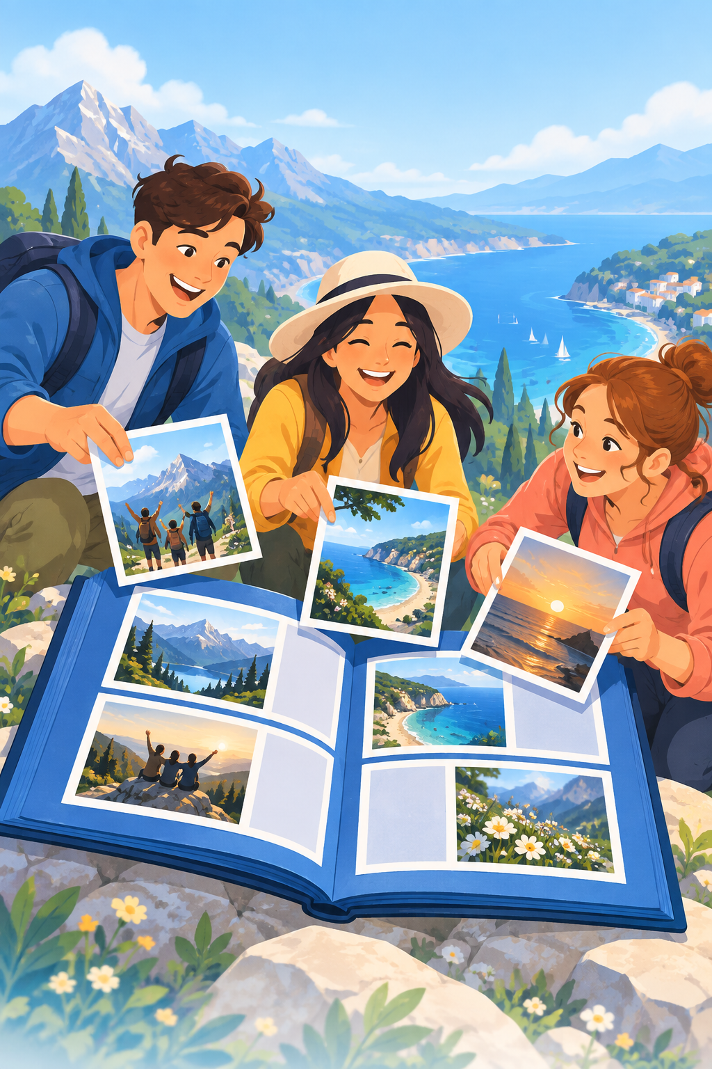 Friends sharing a photo album by a mountain lake
